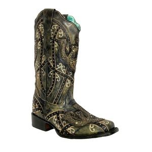 Corral Ladies Black Shoe Horses Overlay & Studs Square Toe Western Boots